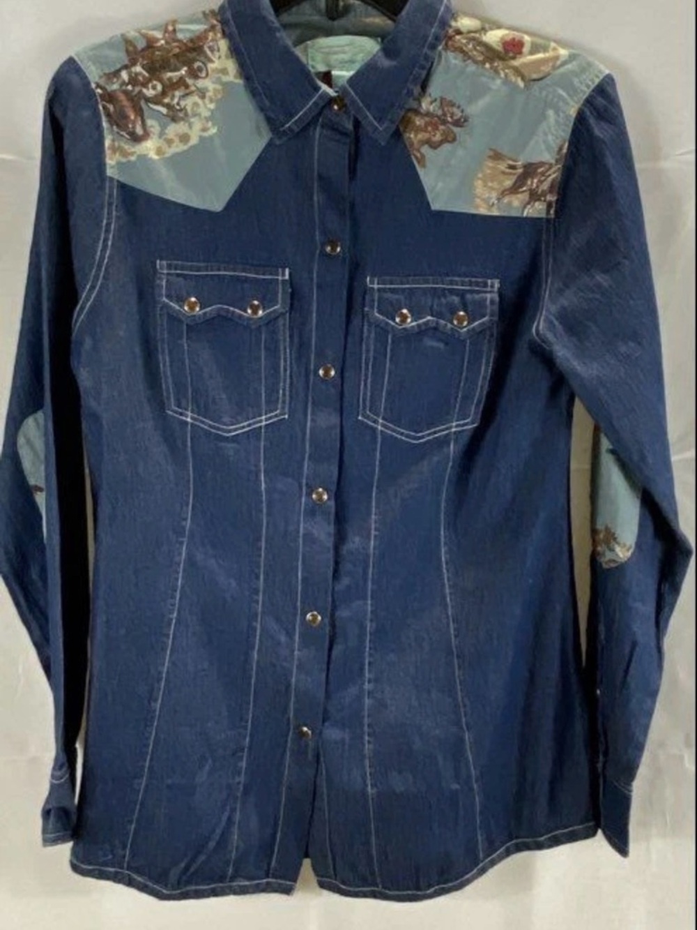 Tasha Polizzi Blue Western Denim Long Sleeve Shirt with Printed Yoke